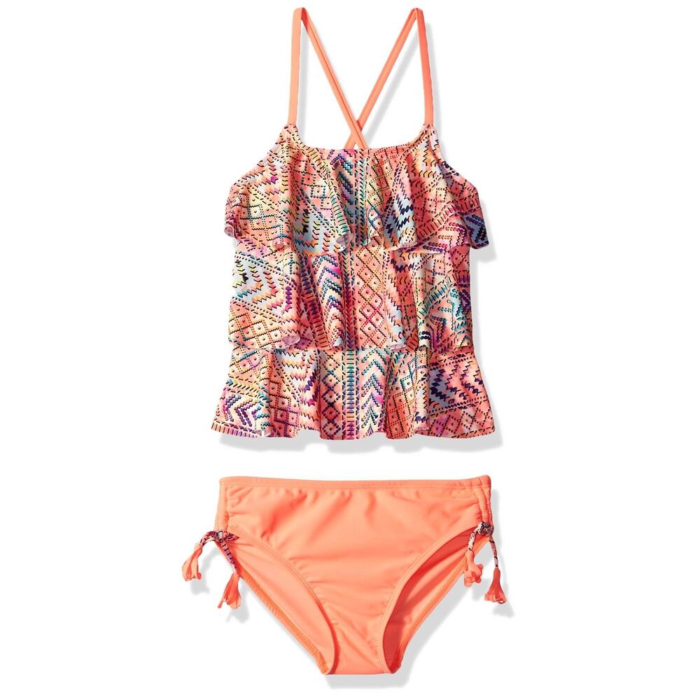 Angel Beach Girls' Triple Ruffle Tankini Swim Set Orange Tribal Print Size 8